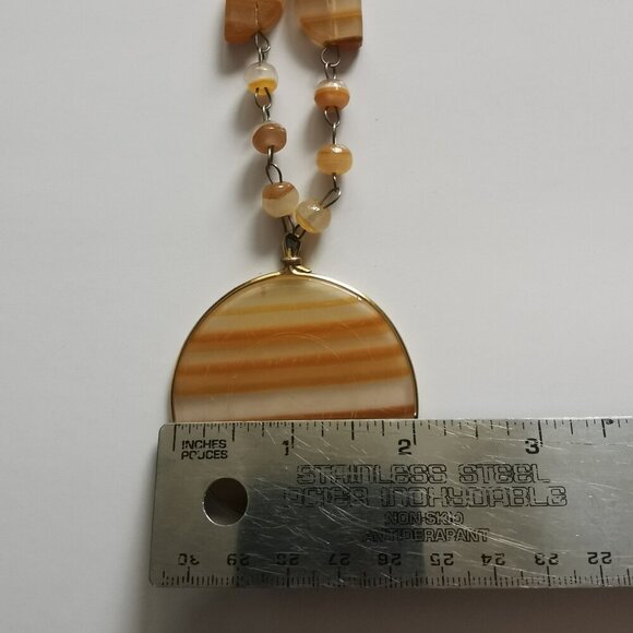 Vintage Sun Pendant Golden Orange Carved Necklace Etched Aztec Sundial Beaded - Picture 11 of 11